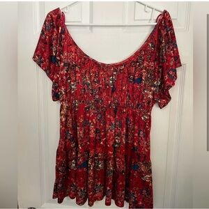 Free People Red Floral Silky Babydoll Top Tunic Small